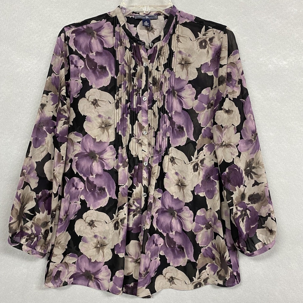 American Living Women M Blouse Purple Floral Pintuck Sheer Button Up Top